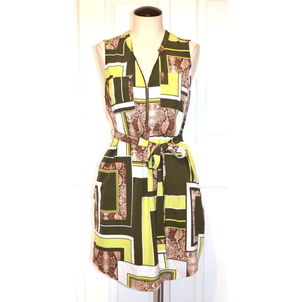 New York &‎ Company Sleeveless Sheath Dress Womens M Green 1/4 Zip Belted